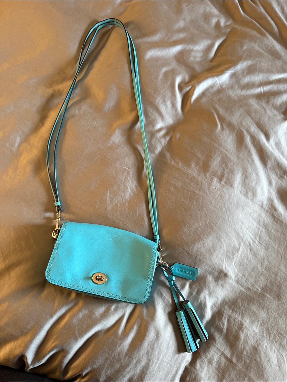 Coach Turquoise Leather Crossbody with Tassel Charm